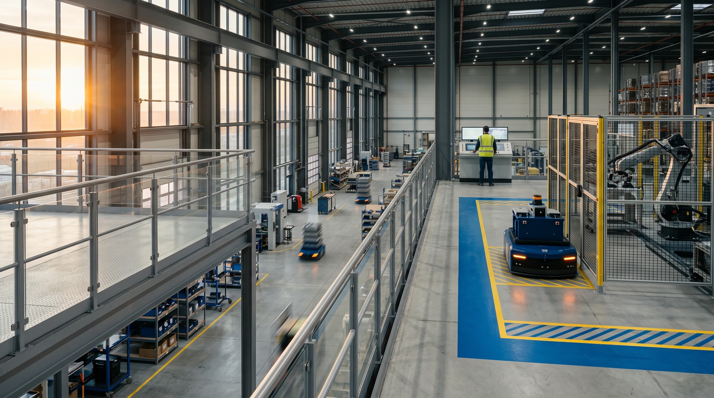A robotics operations mezzanine overlooking AMRs and a governed machine-action boundary.