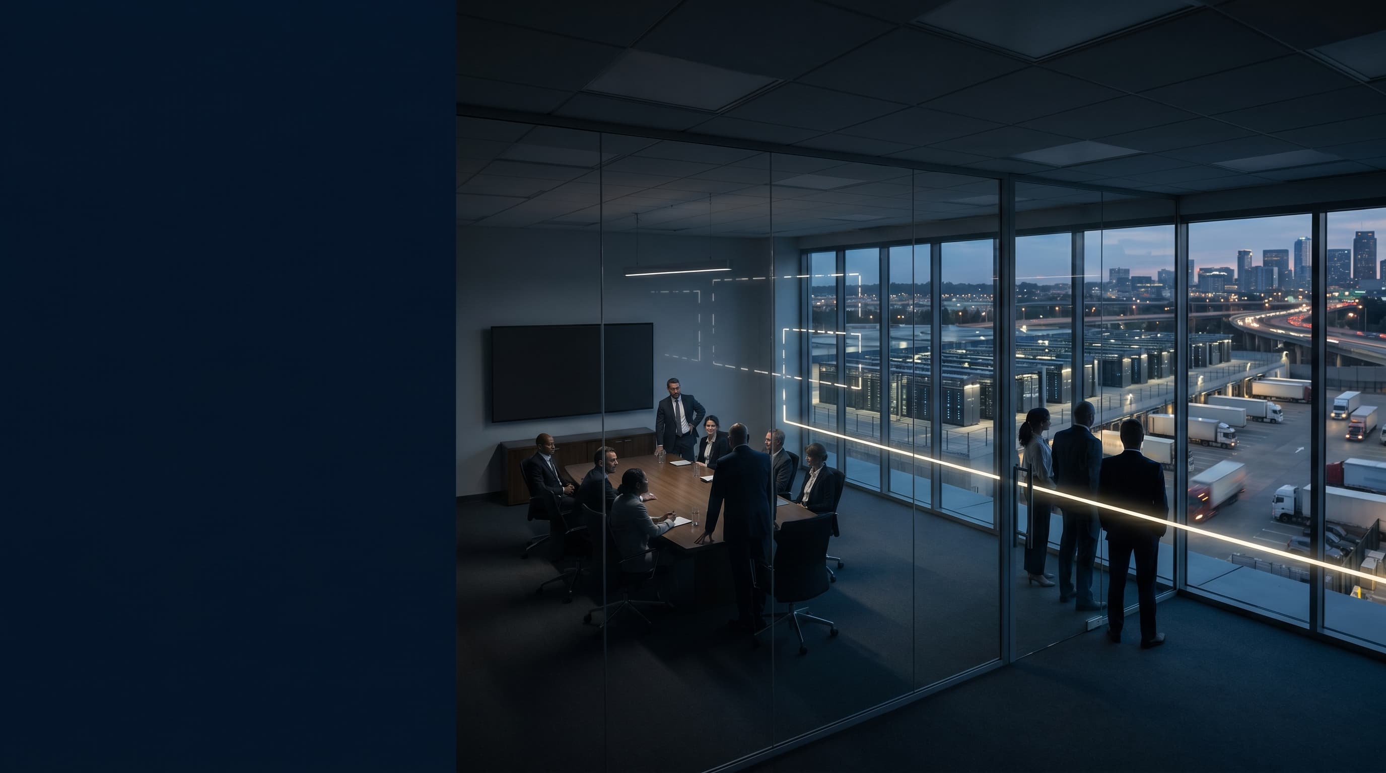 An enterprise incident review room overlooking data and logistics infrastructure.